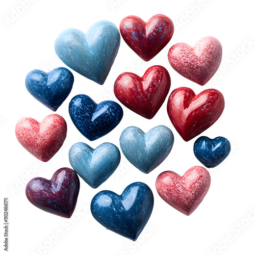 Collection of glossy blue and red heart-shaped ornaments with textured details isolated on a white background png