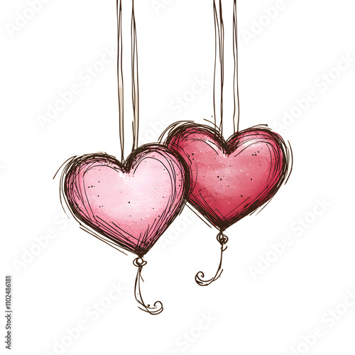 Pair of dangling watercolor heart pendants in pink tones isolated on a white background png