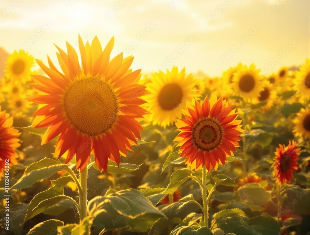 Fototapeta premium Red and yellow sunflowers in a field with grain effect, sunflower field, earthy tones, agricultural land, rolling hills