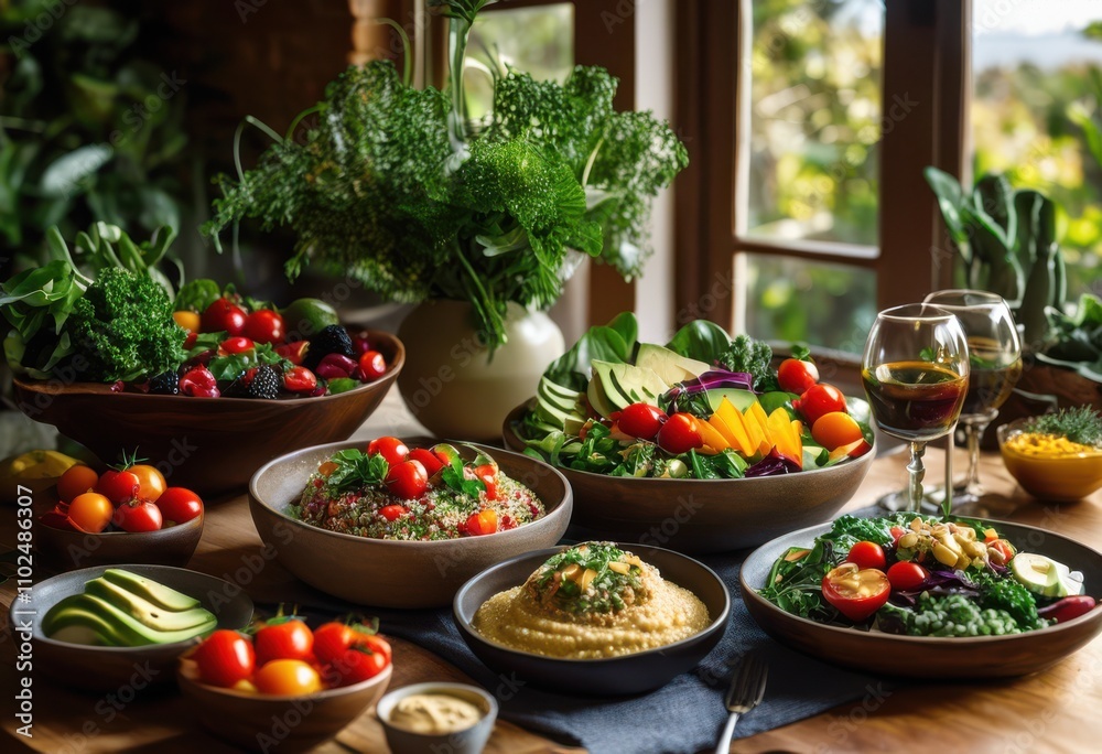 vibrant plant based meal setups captured natural light showcasing fresh ingredients colorful dishes wooden tables, appetizing, arrangement, artistic vibrant plant based meal setups captured natural light showcasing fresh ingredients colorful dishes wooden tables, appetizing, arrangement, artistic