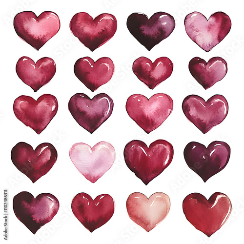 Twenty dark red and pink glossy heart in various shade arranged in rows isolated on a white background png