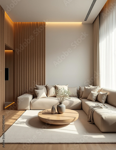 This modern living room features a comfortable sectional sofa and a stylish coffee table. Soft lighting and warm wood tones create a cozy atmosphere, while minimalist decor adds a touch of elegance.
