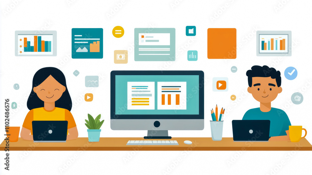 Two individuals focus on their laptops in a vibrant workspace filled with data visuals and plant decor, showcasing a productive collaboration environment Two individuals focus on their laptops in a vibrant workspace filled with data visuals and plant decor, showcasing a productive collaboration environment