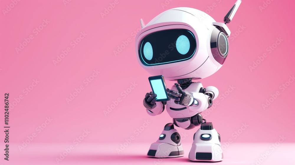 Stylish white robot holding a smartphone, set against a vibrant pink background. Its sleek, modern design makes it perfect for futuristic and tech-focused imagery. AI generated. Stylish white robot holding a smartphone, set against a vibrant pink background. Its sleek, modern design makes it perfect for futuristic and tech-focused imagery. AI generated.