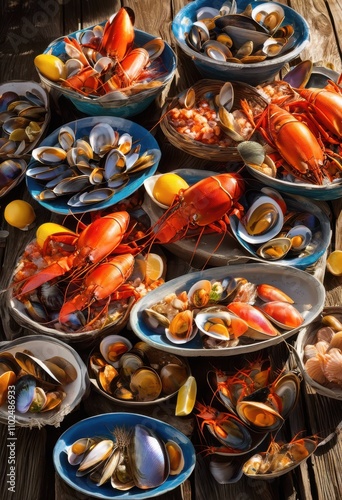 lively seafood display featuring colorful shellfish weathered wooden surface highlighting freshness culinary delight, crustacean, arrangement, plate, rustic