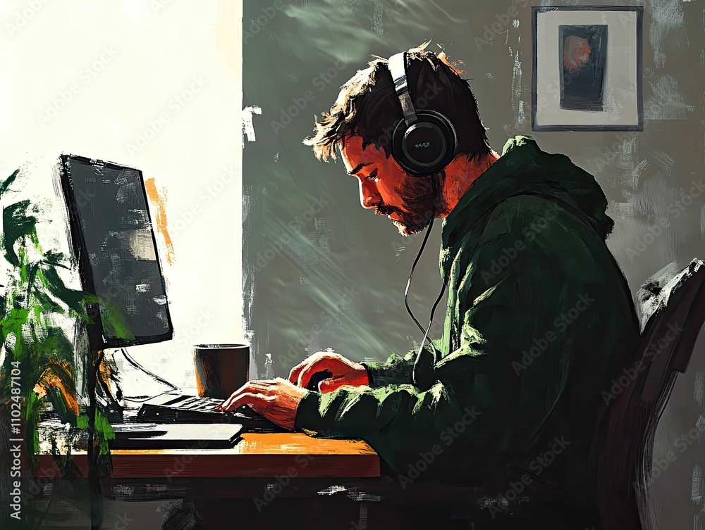 Man works on computer, headphones on. Man works on computer, headphones on.