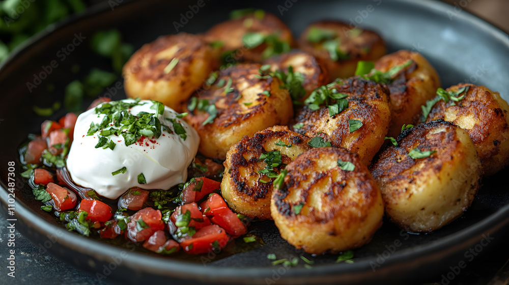 A Beautifully Plated Golden Crispy Potato Latkes Garnished with Fresh Herbs and Sour Cream A Beautifully Plated Golden Crispy Potato Latkes Garnished with Fresh Herbs and Sour Cream