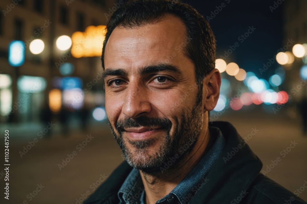 Close portrait of a smiling 40s Syrian man looking at the camera, Syrian city outdoors at night blurred background Close portrait of a smiling 40s Syrian man looking at the camera, Syrian city outdoors at night blurred background