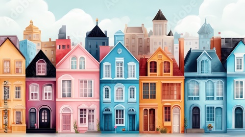 Vibrant watercolor painting of colorful houses with numerous windows in a lively urban setting