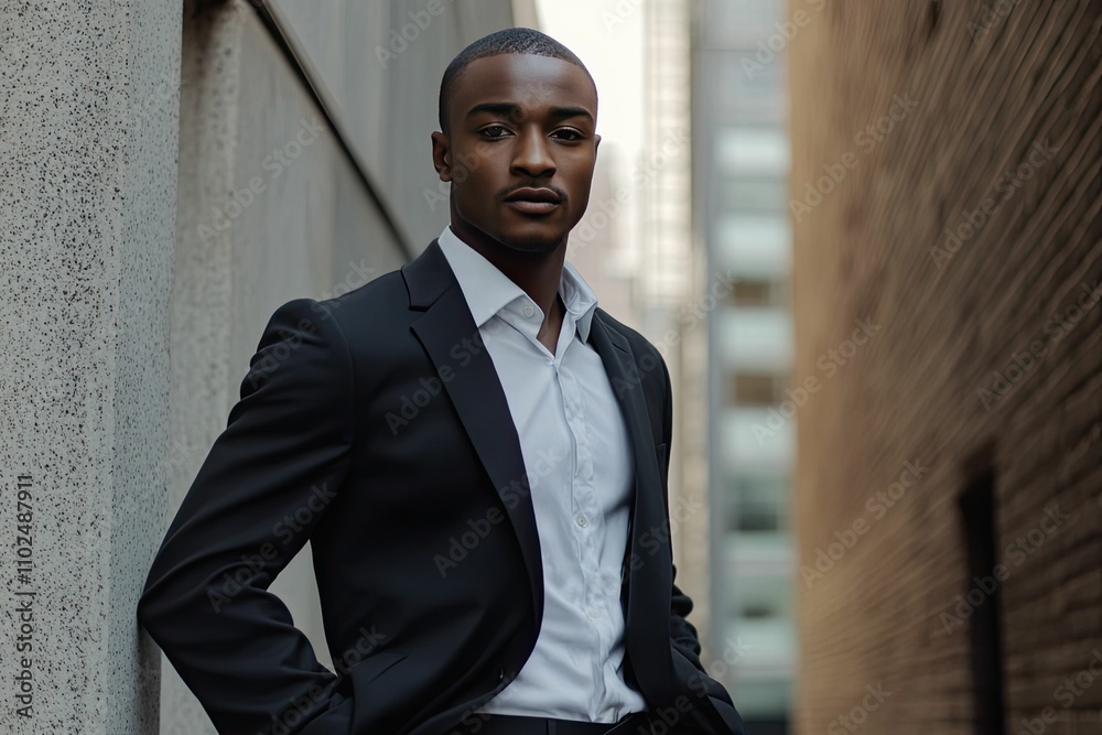 Here's a 10-word description: Stylish black suit, poised man, urban Here's a 10-word description: Stylish black suit, poised man, urban