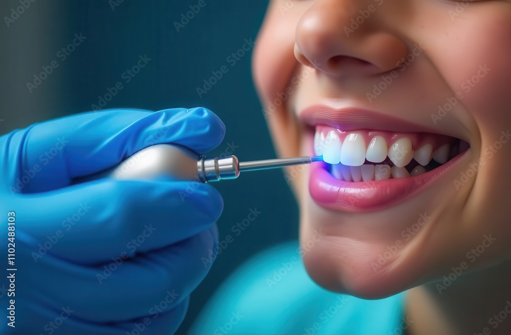 The large photo on the right shows a girl with snow-white teeth and pink lipstick, and on the left is a device for whitening and treating teeth in medical and clinical settings. The large photo on the right shows a girl with snow-white teeth and pink lipstick, and on the left is a device for whitening and treating teeth in medical and clinical settings.