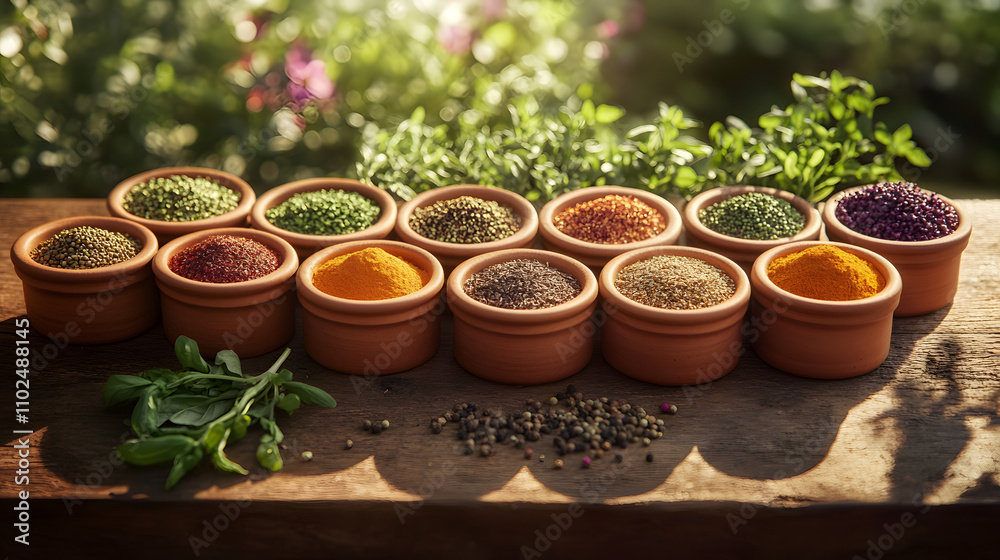 A Vibrant Close-Up of Fresh Herbs and Spices Beautifully Arranged on a Rustic Table A Vibrant Close-Up of Fresh Herbs and Spices Beautifully Arranged on a Rustic Table