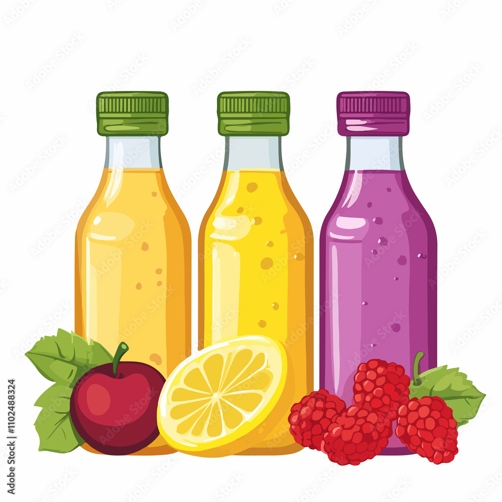 Refreshing Fruits Juices Bottles with Apple, Grape, and Raspberry Refreshing Fruits Juices Bottles with Apple, Grape, and Raspberry