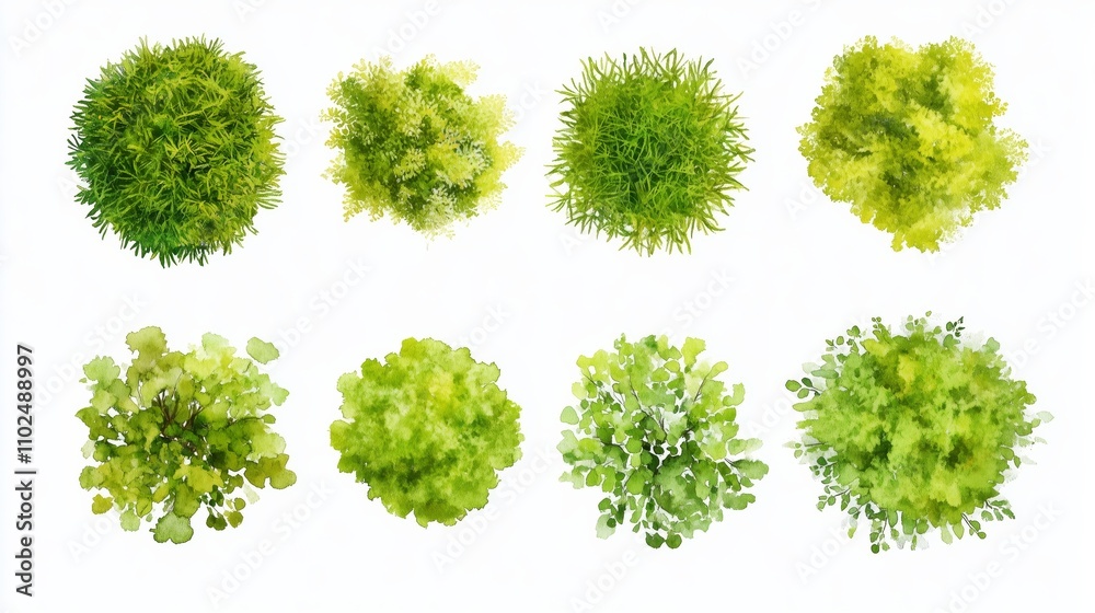 Fototapeta premium green grass isolated on white background, Set of watercolor tree top view for landscape plan and architecture layout 