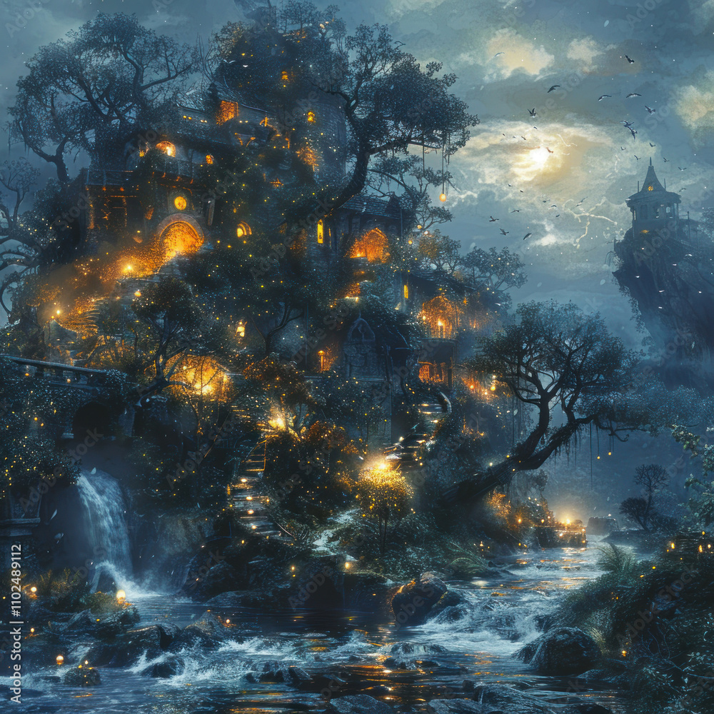 Obraz premium fantastic night landscape with a magical forest house illuminated by many warm lights. 