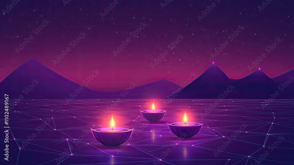 Three glowing diyas illuminate a serene, futuristic landscape at night. Three glowing diyas illuminate a serene, futuristic landscape at night.