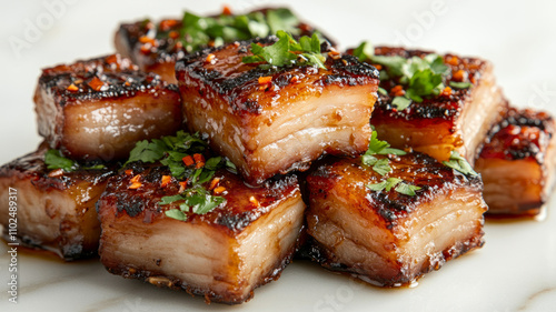 Caramelized pork belly garnished with herbs.