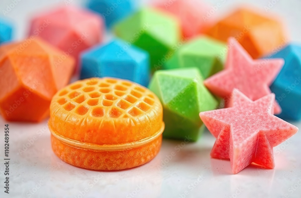 Star and Ball Shaped Caramel Candies - The orange ball with a ribbed texture is surrounded by bright blue, pink and orange candies, creating a fun, festive atmosphere. Star and Ball Shaped Caramel Candies - The orange ball with a ribbed texture is surrounded by bright blue, pink and orange candies, creating a fun, festive atmosphere.