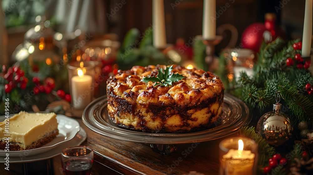 A Festive Christmas Pudding with Brandy Butter Amidst Cheerful Holiday Decorations and Candlelight Ambiance A Festive Christmas Pudding with Brandy Butter Amidst Cheerful Holiday Decorations and Candlelight Ambiance