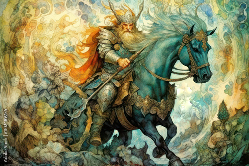 a powerful warrior, dressed in massive armor and a helmet with horns, sitting astride a majestic blue horse. 