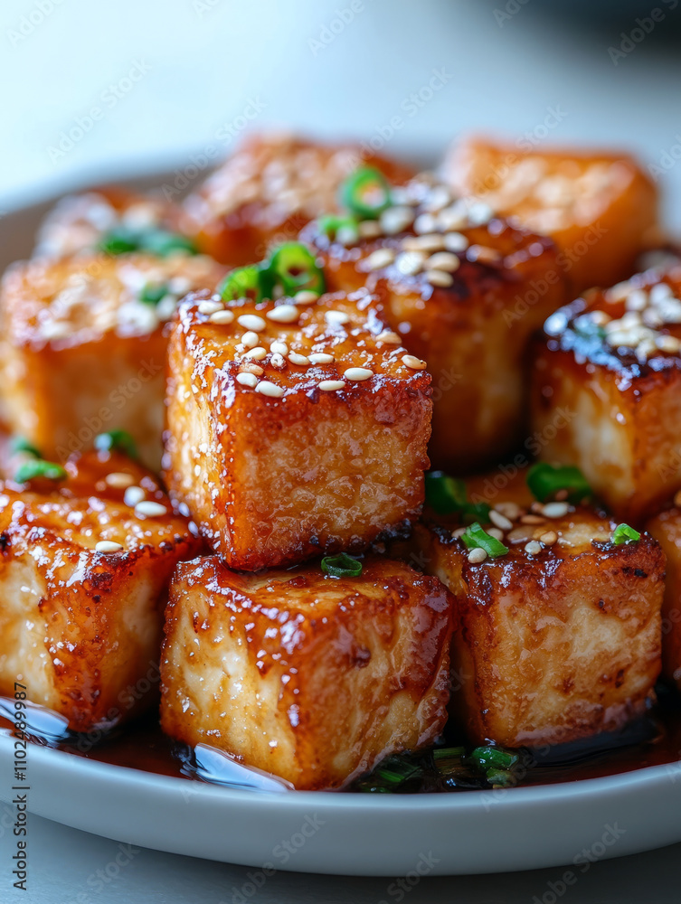Glazed tofu cubes with sesame seeds on a plate. Glazed tofu cubes with sesame seeds on a plate.