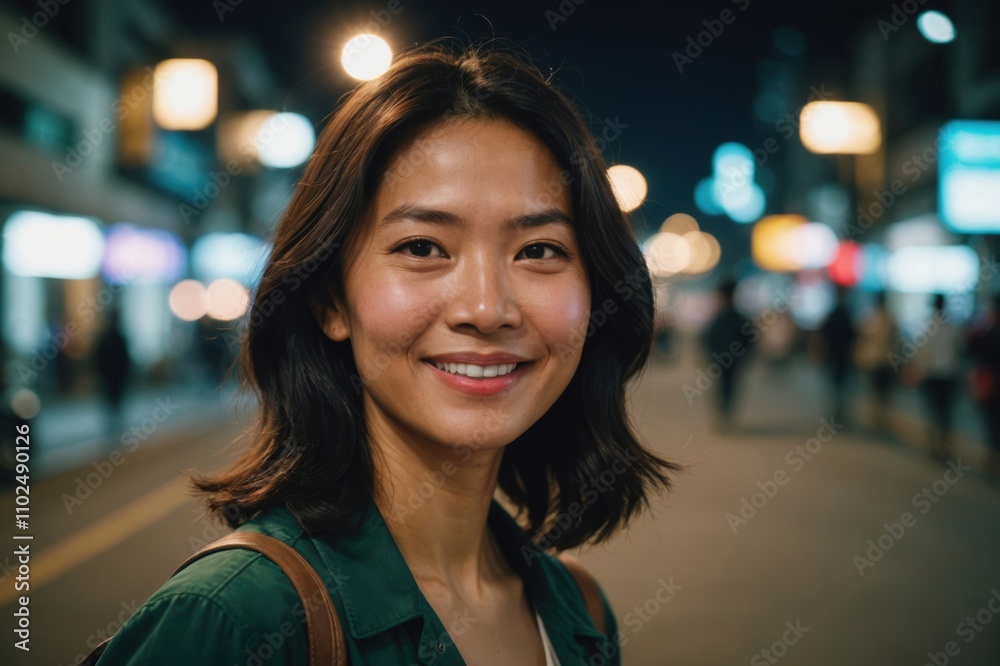 Close portrait of a smiling 40s Vietnamese woman looking at the camera, Vietnamese city outdoors at night blurred background Close portrait of a smiling 40s Vietnamese woman looking at the camera, Vietnamese city outdoors at night blurred background