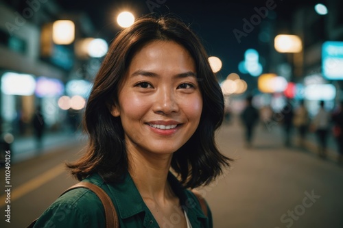 Close portrait of a smiling 40s Vietnamese woman looking at the camera, Vietnamese city outdoors at night blurred background