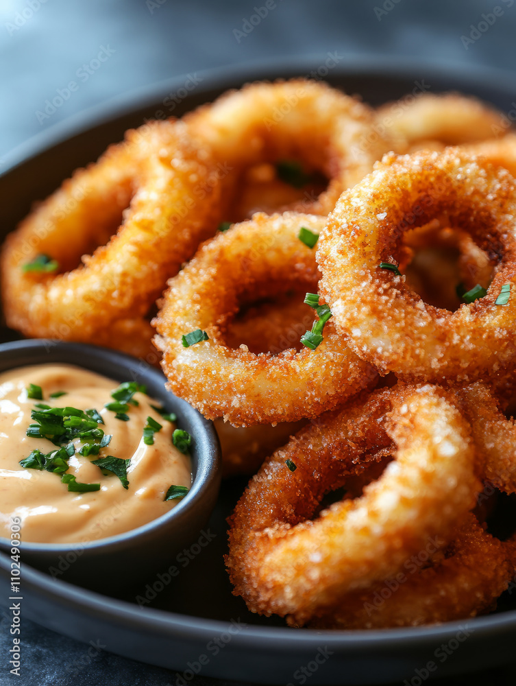 Crispy onion rings with dipping sauce and chives. Crispy onion rings with dipping sauce and chives.