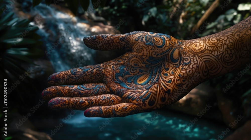 A captivating mehndi design featuring a peacock motif on the palm, with fine details and a natural setting, highlighting the beauty of the art form. A captivating mehndi design featuring a peacock motif on the palm, with fine details and a natural setting, highlighting the beauty of the art form.