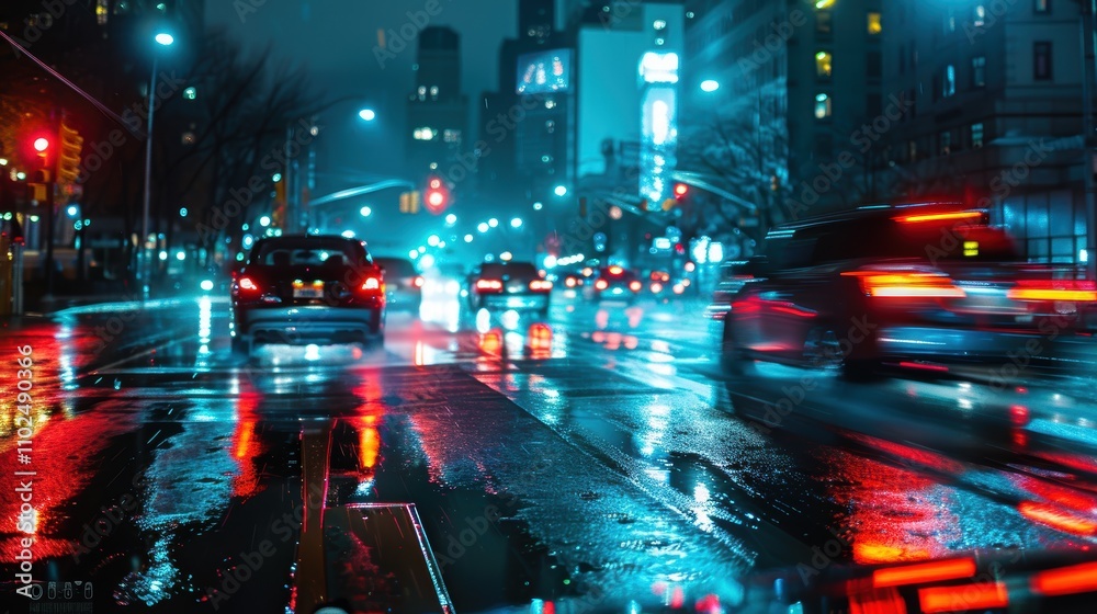 Nighttime City Intersection with Car Running Red Light in Dramatic Scene for Urban Safety Awareness Nighttime City Intersection with Car Running Red Light in Dramatic Scene for Urban Safety Awareness