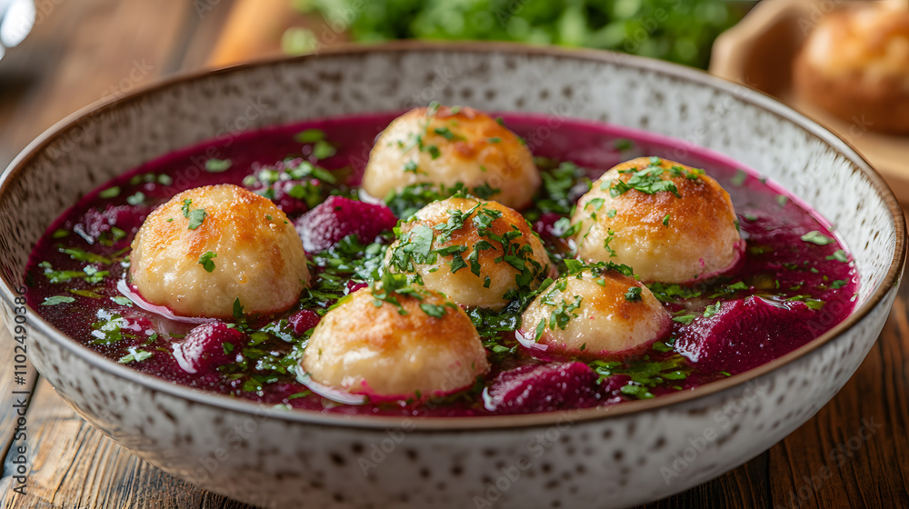 A Delicious and Colorful Polish Barszcz Soup with Dumplings for Christmas Dinner Celebration A Delicious and Colorful Polish Barszcz Soup with Dumplings for Christmas Dinner Celebration