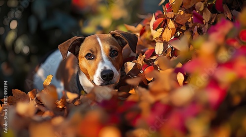 A charming dog peeking out from behind a colorful autumn leaf pile, with vibrant foliage creating a picturesque setting.