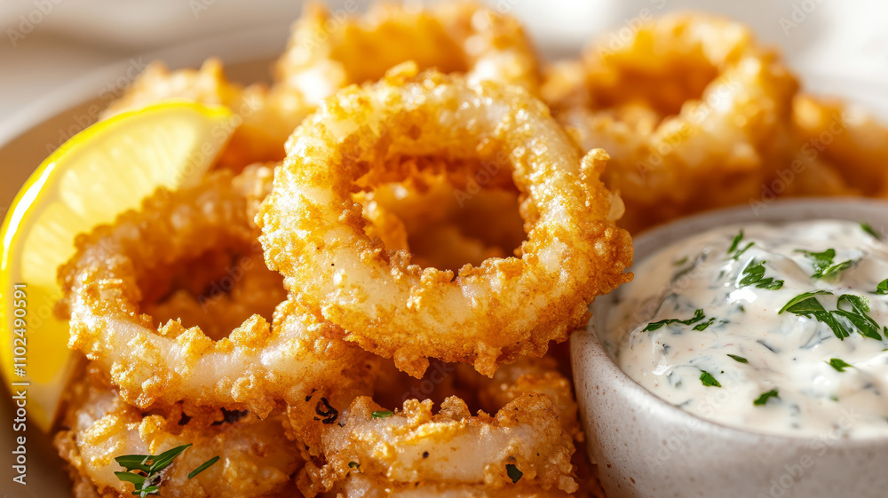Fried calamari with lemon and tartar sauce. Fried calamari with lemon and tartar sauce.