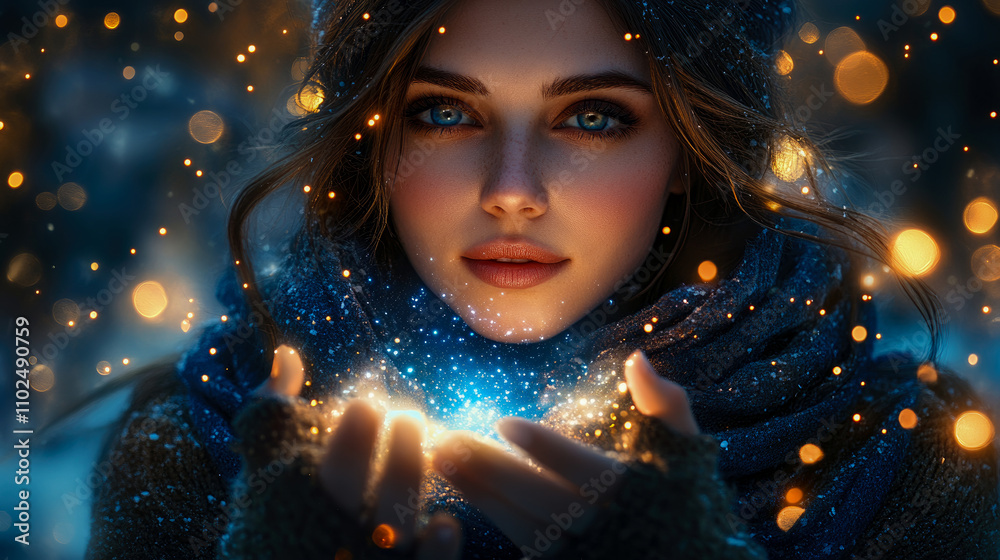 A young woman in winter clothing holds glowing blue light in her hands, surrounded by sparkling particles in a snowy landscape during dusk A young woman in winter clothing holds glowing blue light in her hands, surrounded by sparkling particles in a snowy landscape during dusk
