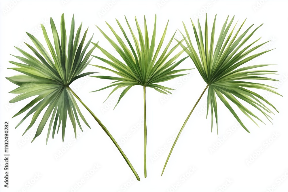 Palm leaves set in isolated background, watercolor botanical painting Palm leaves set in isolated background, watercolor botanical painting