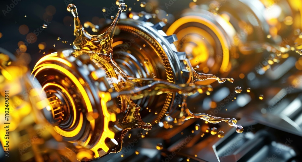 Fototapeta premium Metallic gears with golden liquid splashing around, showcasing a dynamic interaction of engineering and fluidity in a modern industrial setting.
