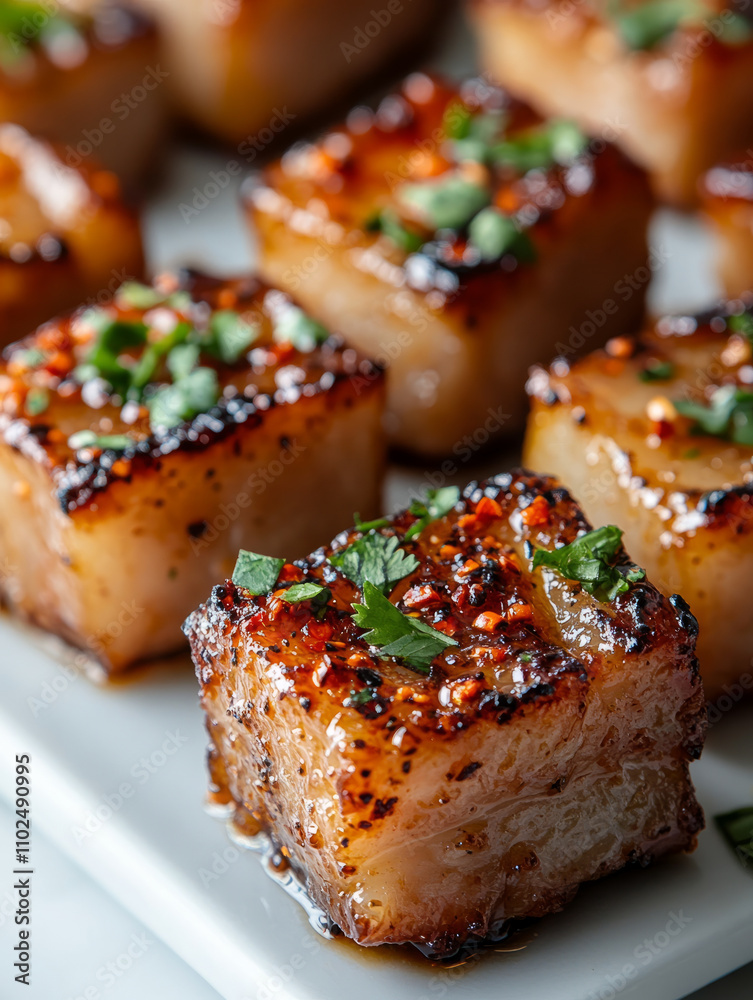 Close-up of crispy glazed pork belly pieces. Close-up of crispy glazed pork belly pieces.