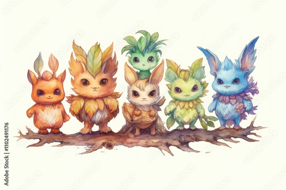 six cute fantasy creatures lined up in a row on a tree branch. six cute fantasy creatures lined up in a row on a tree branch.