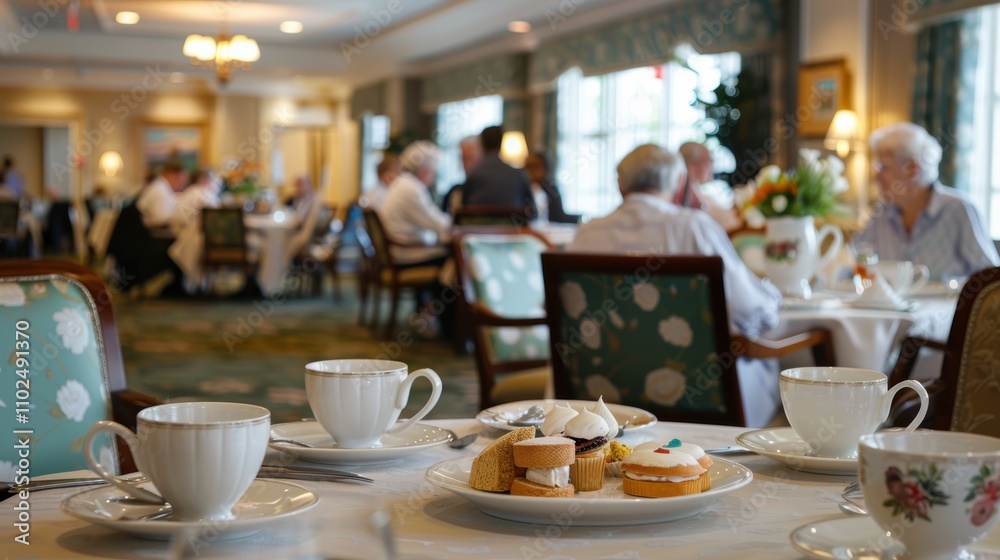 Peaceful Tea Time in Nursing Home Dining Area with Residents Enjoying Conversations Peaceful Tea Time in Nursing Home Dining Area with Residents Enjoying Conversations