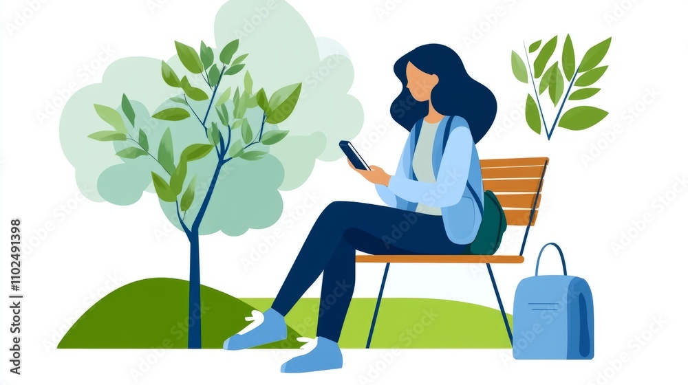 A woman sitting in a park completes a purchase on her smartphone.