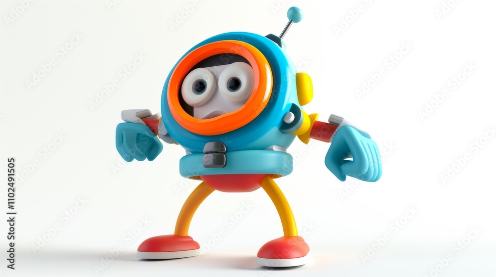 A colorful robot in blue and orange stands in a superhero pose, ready for action, with exaggerated eyes and a dynamic, energetic vibe. AI generated.
