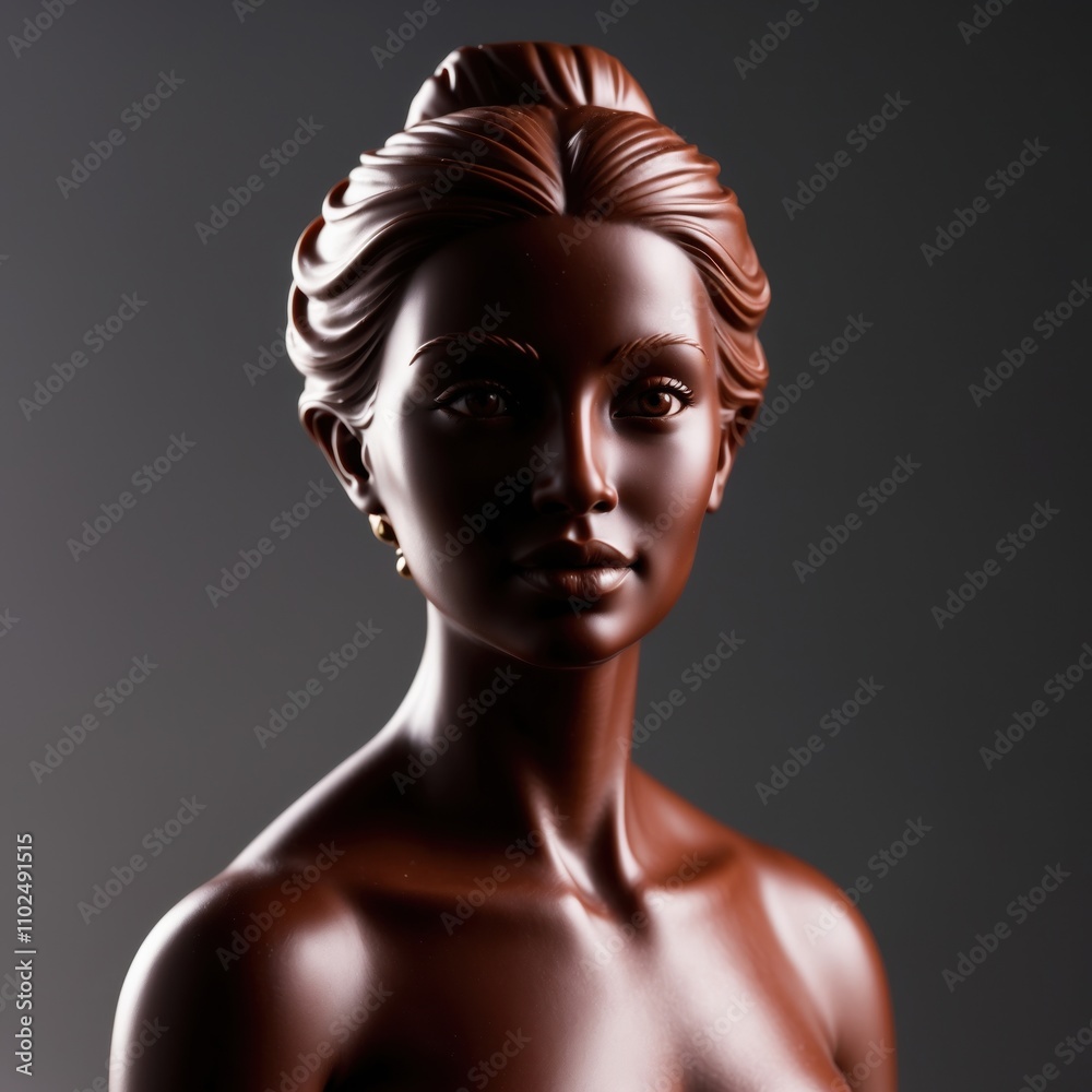 A delicate chocolate figurine of a woman, crafted with intricate details, showcasing smooth textures and a rich, glossy finish, capturing elegance in edible art A delicate chocolate figurine of a woman, crafted with intricate details, showcasing smooth textures and a rich, glossy finish, capturing elegance in edible art