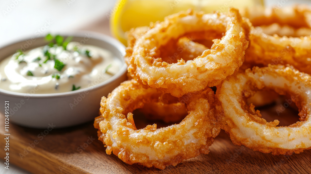 Crispy fried calamari with tartare sauce and lemon. Crispy fried calamari with tartare sauce and lemon.
