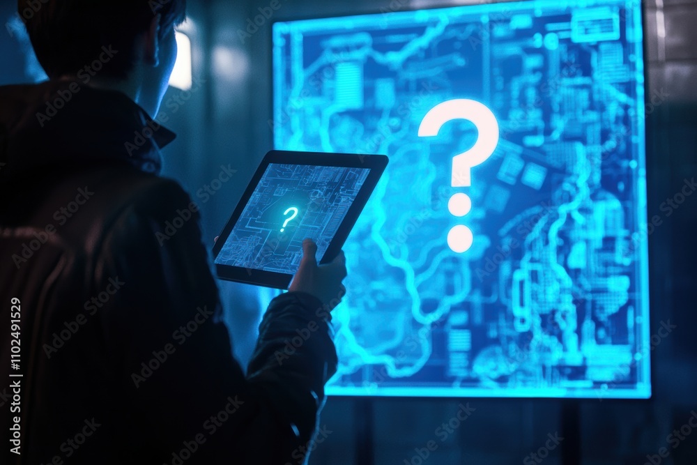 Fototapeta premium Tech Innovation Strategy: Futuristic Tablet and Digital Map for Creative Problem Solving