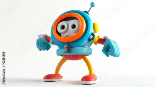 Obraz na płótnie A colorful robot in blue and orange stands in a superhero pose, ready for action, with exaggerated eyes and a dynamic, energetic vibe. AI generated. w salonie