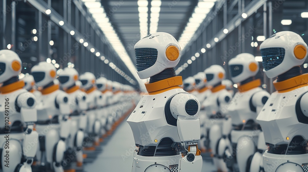 Obraz premium A futuristic assembly line filled with humanoid robots, showcasing advanced technology and automation in a modern industrial setting.