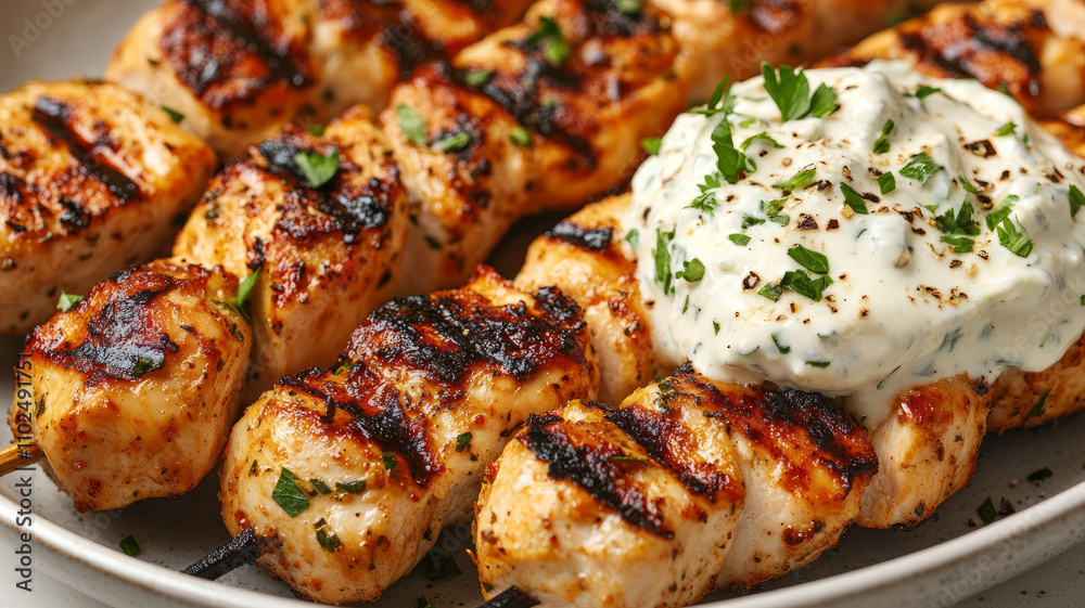Grilled chicken kebabs with herb yogurt sauce. Grilled chicken kebabs with herb yogurt sauce.