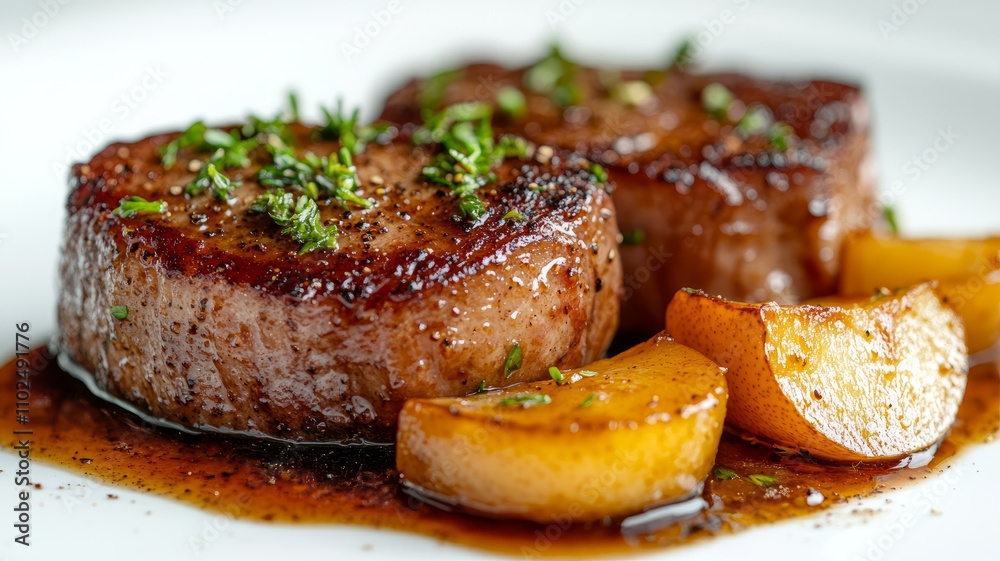 Filet mignon with herbs and sauce on a white plate. Filet mignon with herbs and sauce on a white plate.
