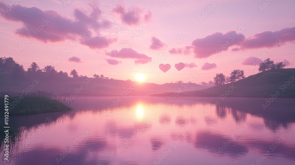 A serene sunset over a tranquil lake, with heart-shaped clouds reflecting on the water's surface, surrounded by gentle hills and soft pink skies. A serene sunset over a tranquil lake, with heart-shaped clouds reflecting on the water's surface, surrounded by gentle hills and soft pink skies.