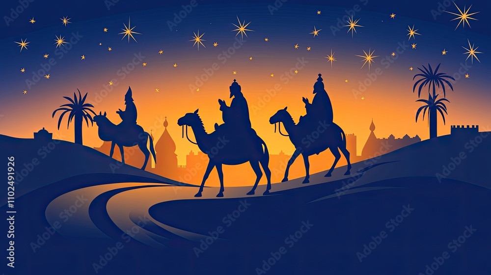 Three Wise Men silhouettes travel on camels and horses across desert landscape at night under starry sky towards city. Three Wise Men silhouettes travel on camels and horses across desert landscape at night under starry sky towards city.